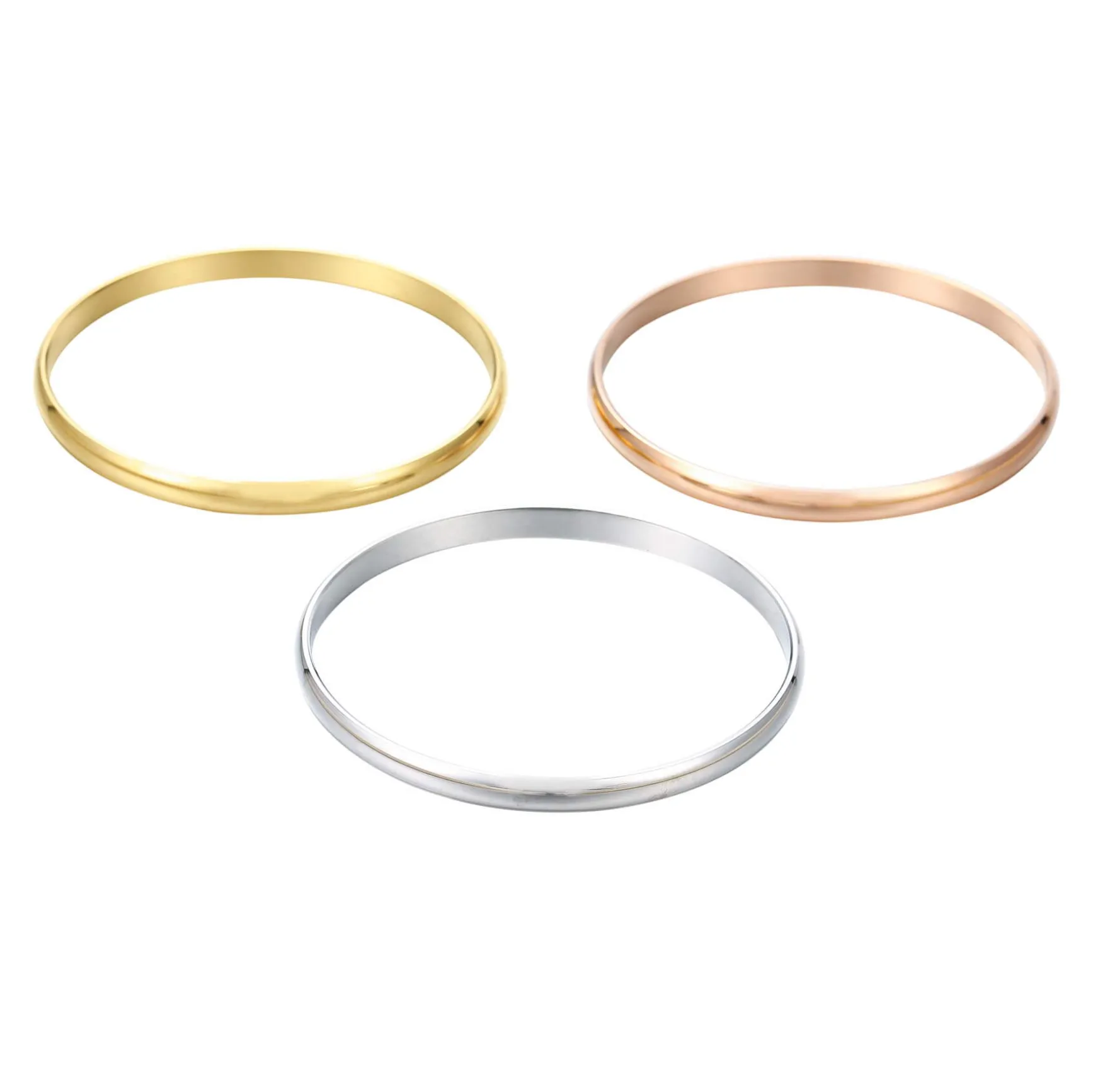 3 Joncs acier doré or, argenté et doré rose. Diam 6,5cm (M)