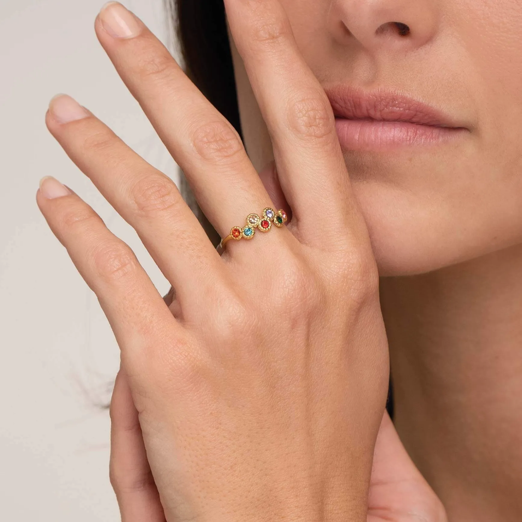 Bague 7 zircons multicolores acier doré or