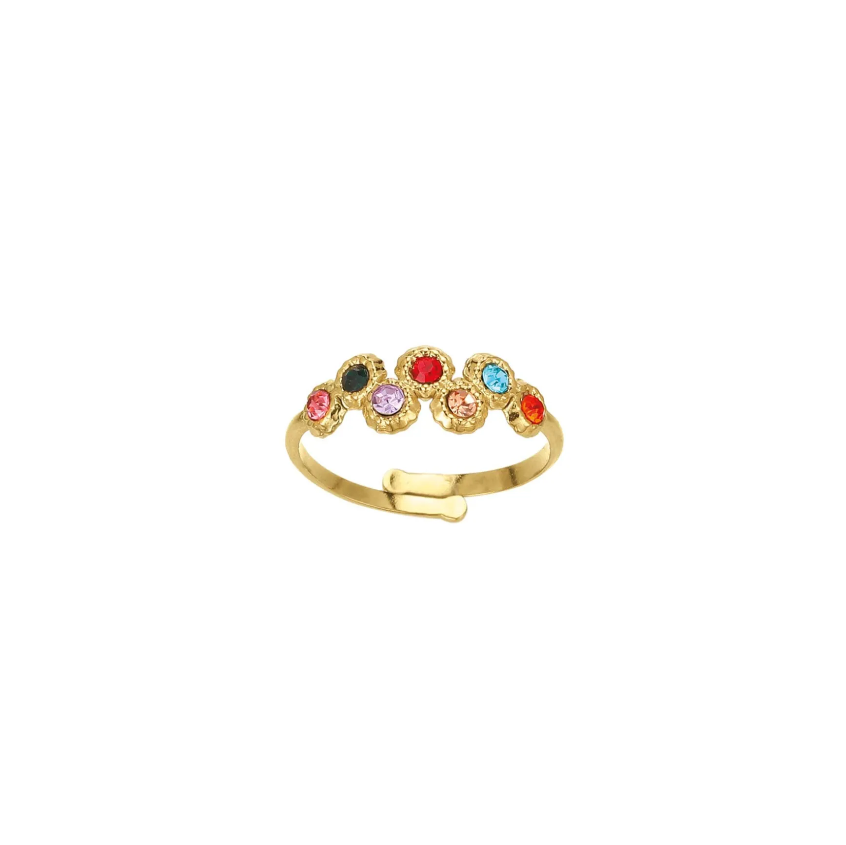 Bague 7 zircons multicolores acier doré or