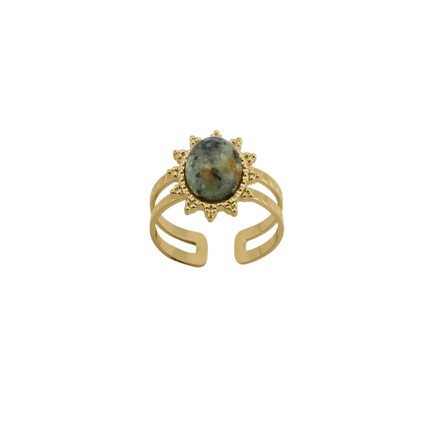 Bague Lyka acier doré or pierre Pin Africian
