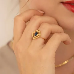 Bague Nadia acier doré or et Lapis Lazuli
