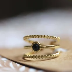 Bague Pépite pierre Obsidienne acier doré or