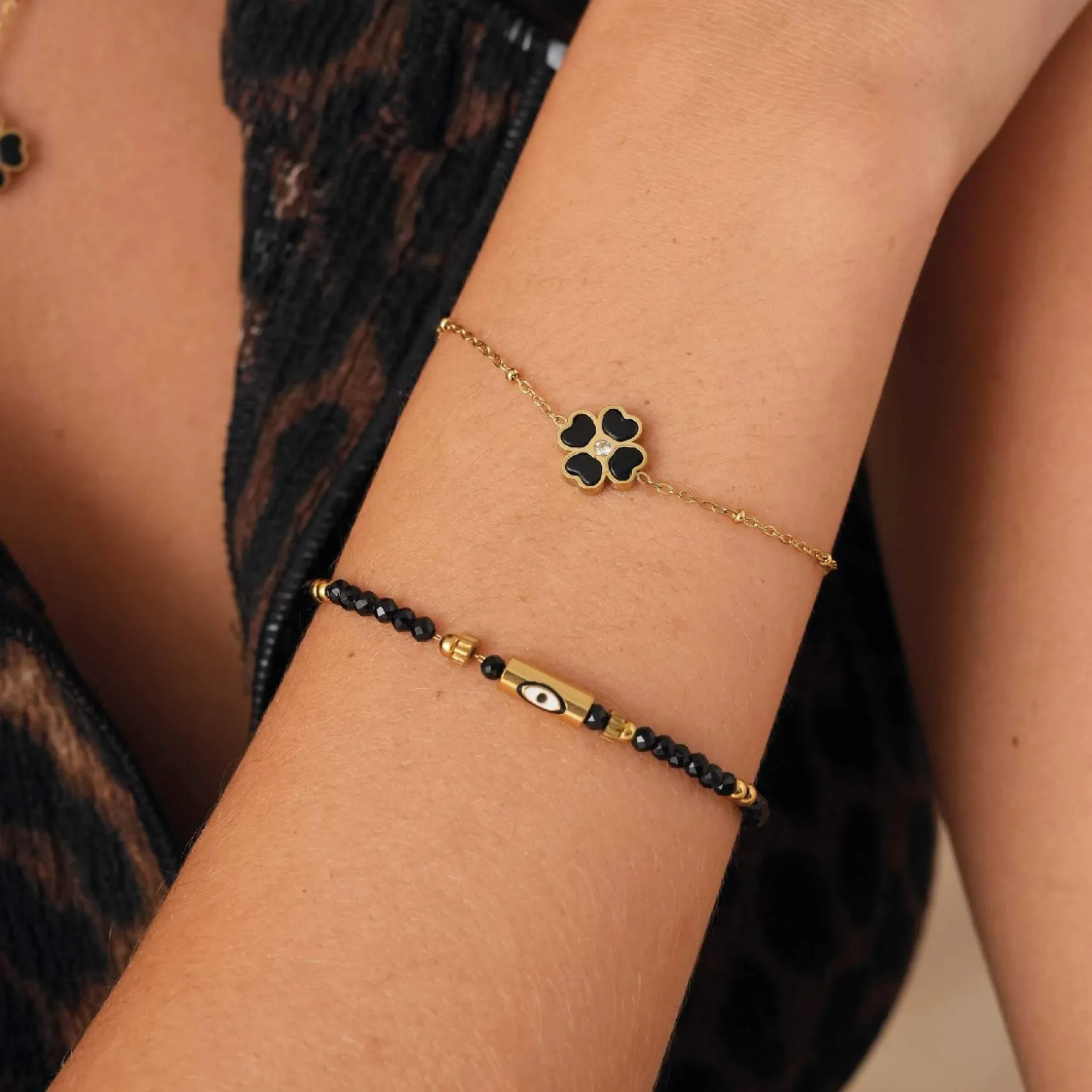 Bracelet Lucky eye Obsidienne acier doré or