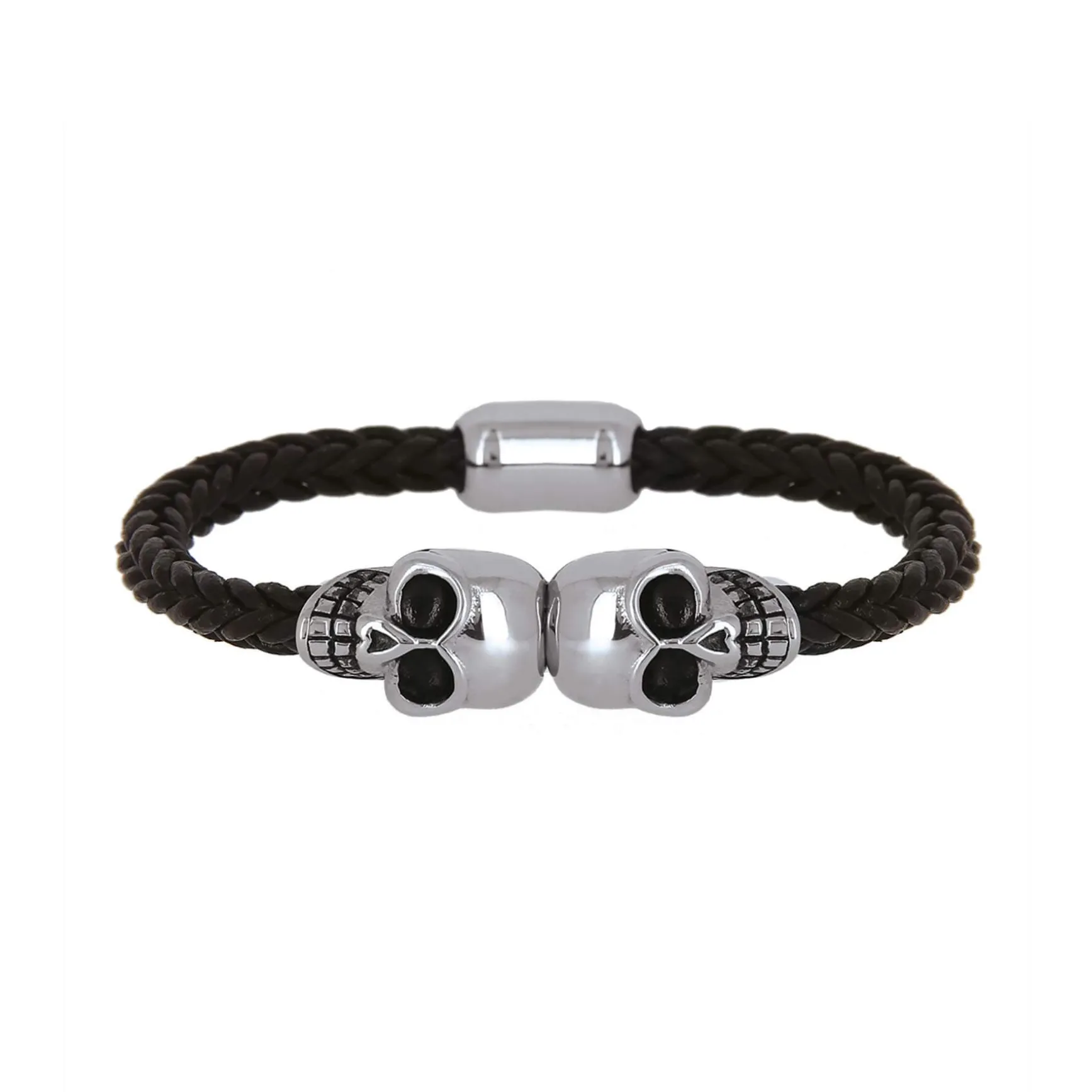 Bracelet Têtes de mort cuir et acier