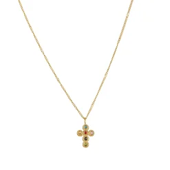 Collier Croix zircons multicolores acier doré or