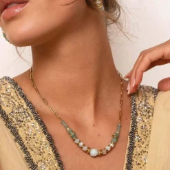 Collier Elsa acier doré or Amazonite