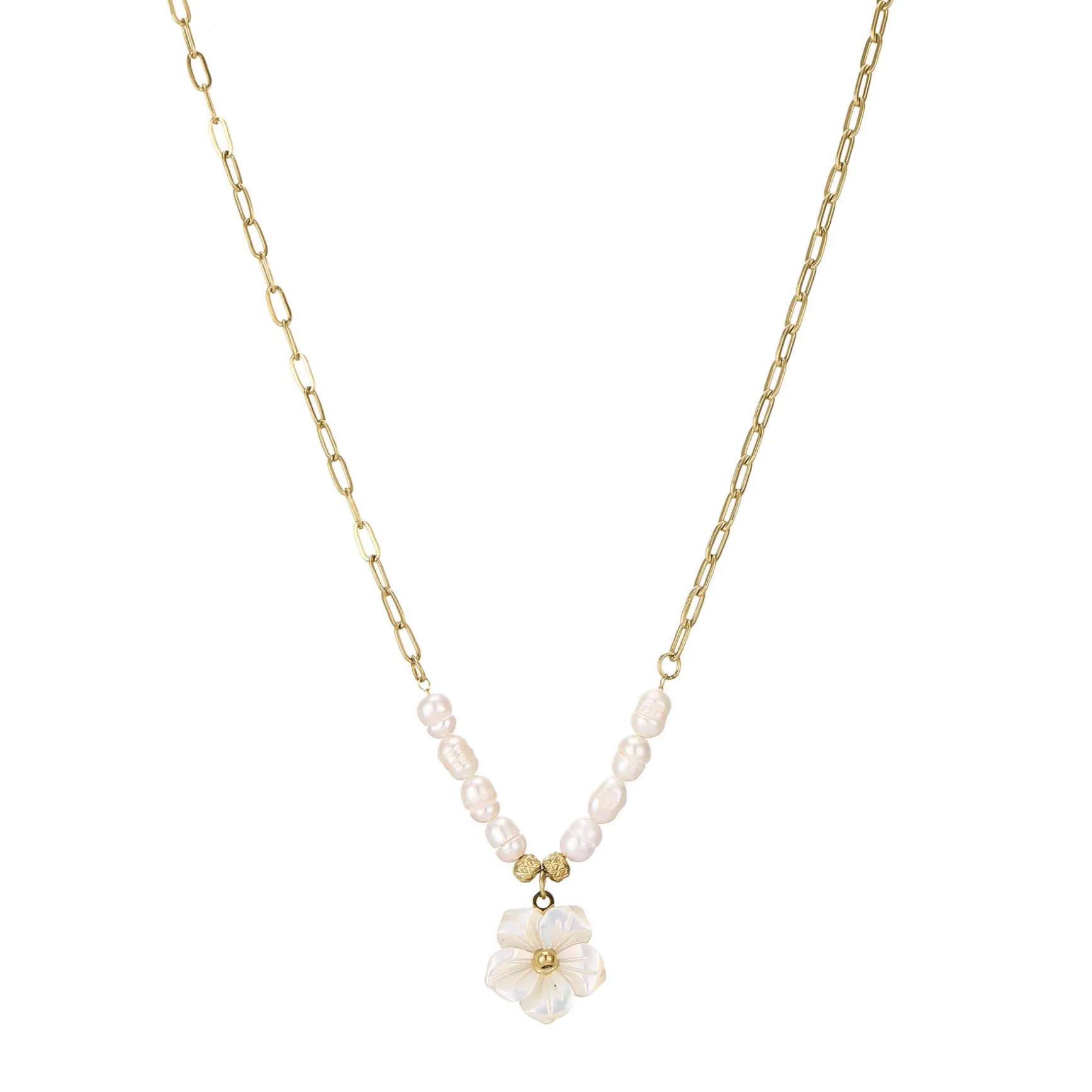 Collier Fleur nacre acier doré or