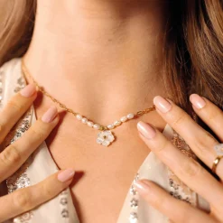 Collier Fleur nacre acier doré or