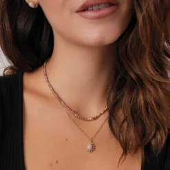 Collier Lyka acier doré or pierre Rhodonite