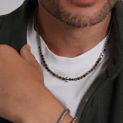 Collier Navy acier pierres oeil de tigre