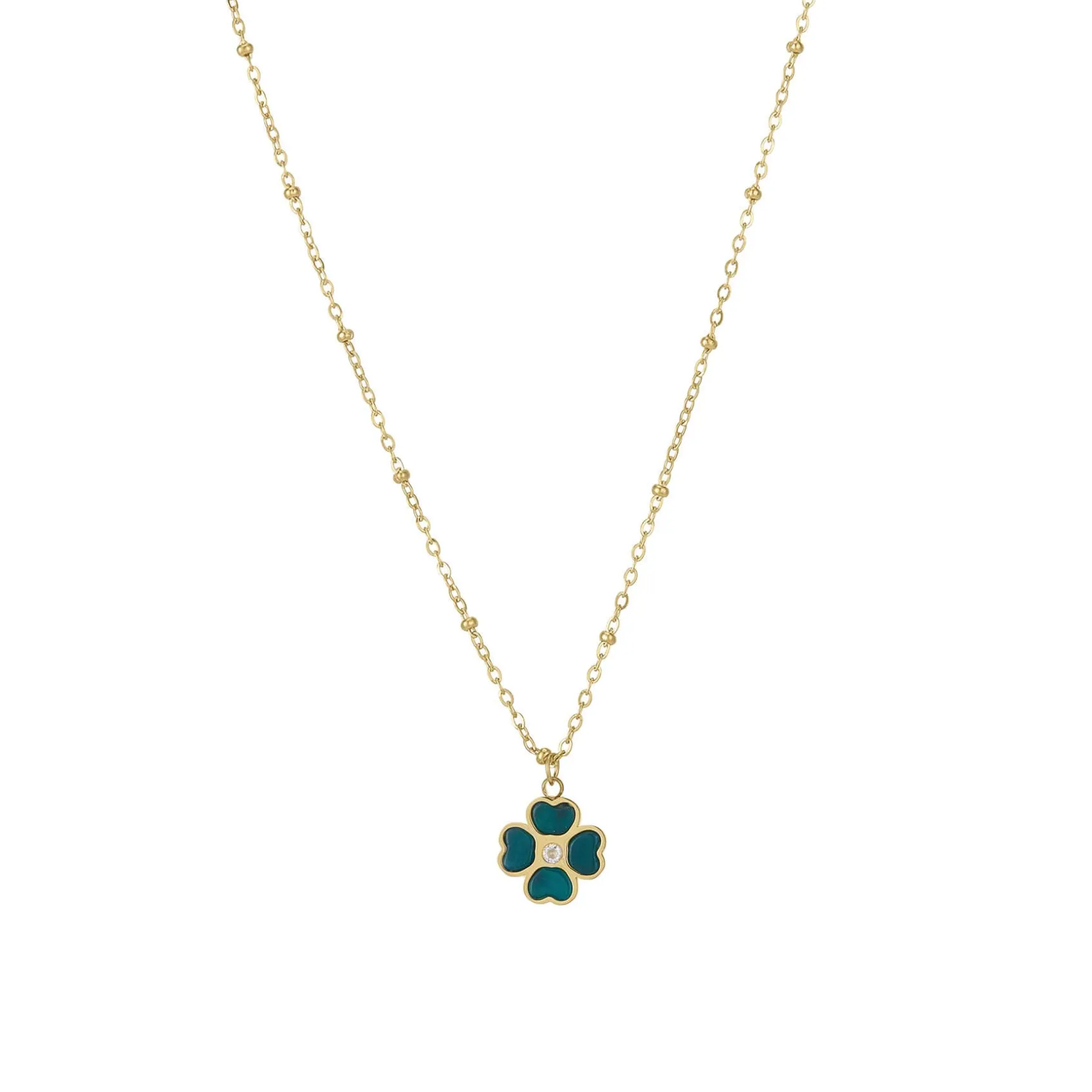 Collier Trefle vert acier doré or