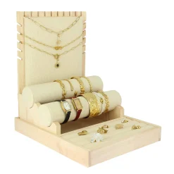 Présentoir lin et bois  3 niveaux bagues bracelets colliers