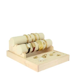 Présentoir lin et bois  3 niveaux bagues bracelets colliers